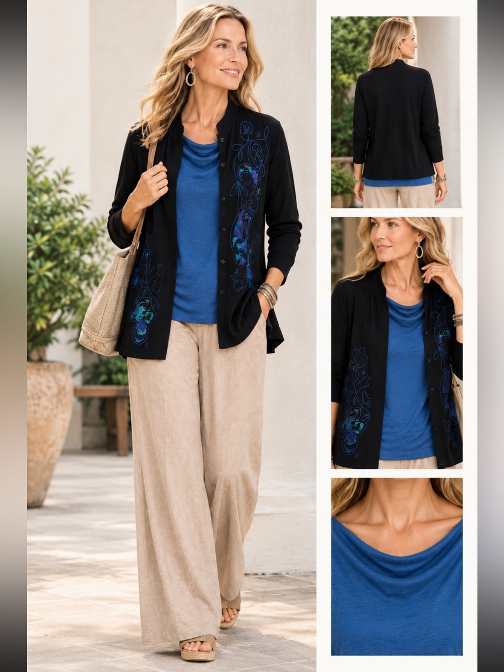 Chicos Travelers 3 Piece pants Set outfit art to wear slinky embroidered Sz 2|L
